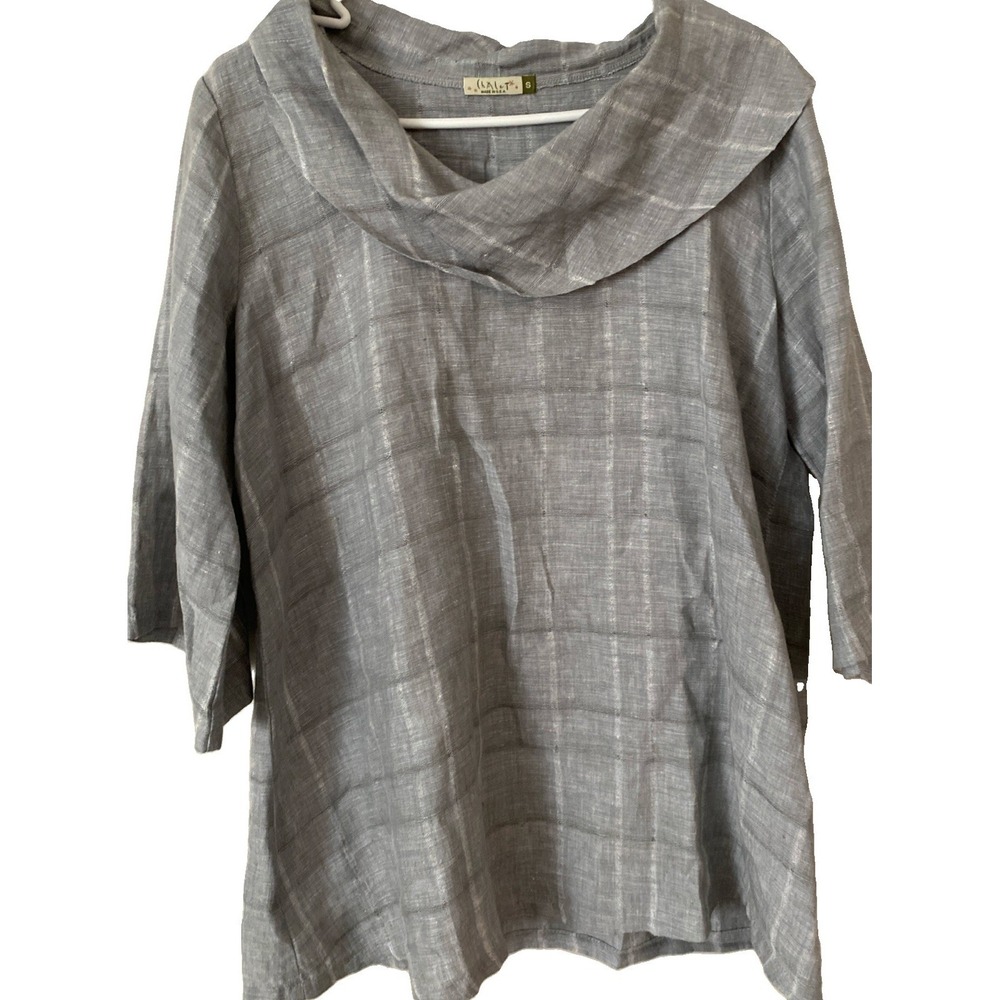 Chalet Linen Cowl Neck 3/4 Sleeve Top Gray Lagenlook Coastal Womens S Classy